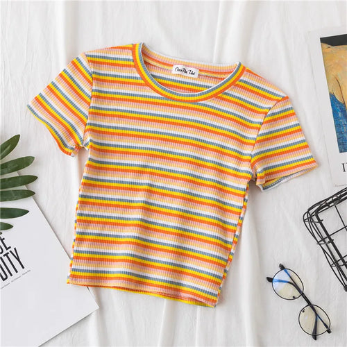 Load image into Gallery viewer, New T Shirt Women Rainbow Striped Tops Slim Fit t shirt Harajuku Tshirt Summer Short Sleeve Korean T-shirt feminina Clothes Tops
