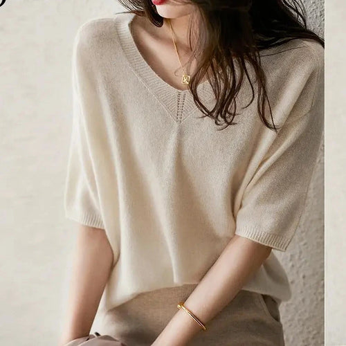 Load image into Gallery viewer, Solid Colour Knitted Women&#39;s Sweater Short-Sleeved Ladies V-Neck Cotton Pullover Korean Bottoming Shirt Sweater Summer
