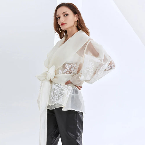 Load image into Gallery viewer, Vintage Print Embroidery Shirt For Women Lapel Long Sleeve Sashes Elegant Blouse Female Fashion Clothing Spring
