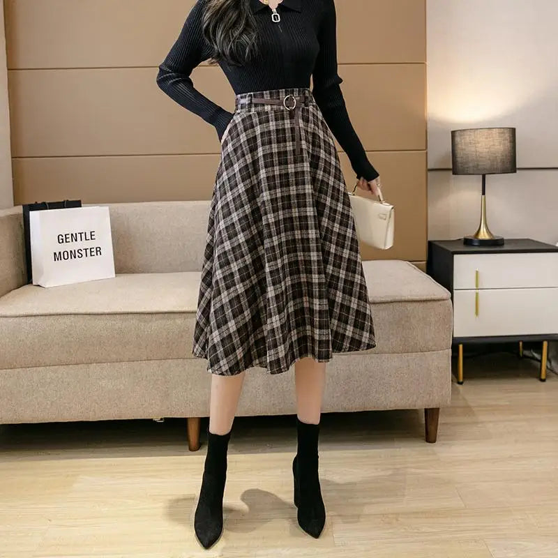 Plaid Skirts Womens Vintage Medium Long Belt Lace Up Pocket High Waist Skirt Loose Winter New All-match Fashion Midi Skirt Lady
