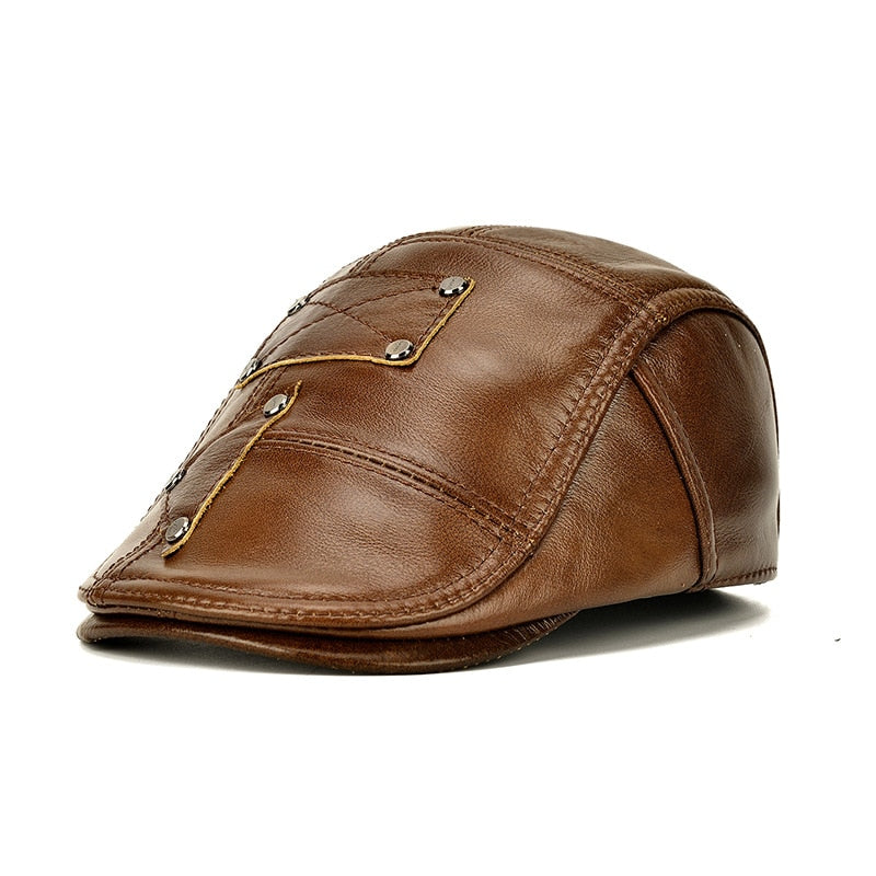 Brand Genuine Leather Beret Hat Men Brown Cowhide Winter Berets Ear Flaps Plus Velvet Peaked Cap For Men