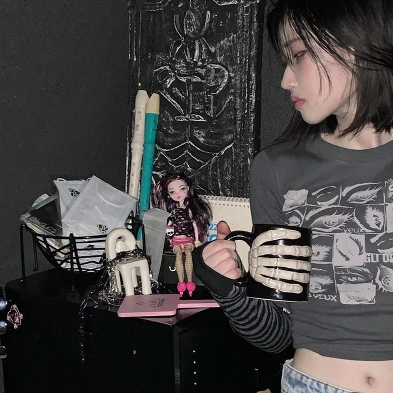 Y2k Aesthetic Grunge Goth T-shirt Tee Female Clothing Y2k Graphic Print Long Sleeve Tops Harajuku Clothes Streetwear