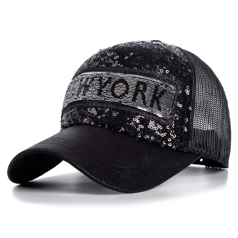 Fashion Women Summer Cap New York Letter Sequins Shiny Baseball Cap Female Streetwear Trucker Hats