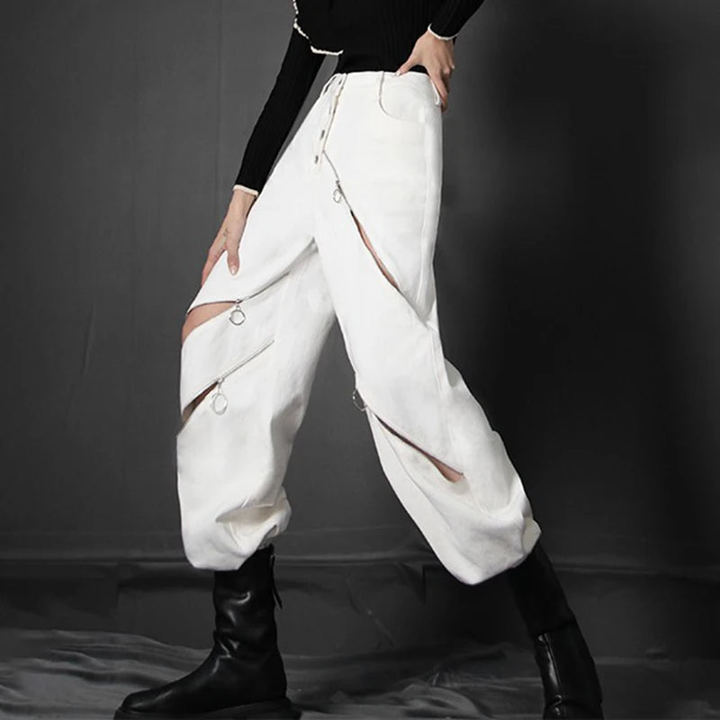 White Patchwork Zipper Cut Out Loose Pants For Women High Waist Korean Fashion Wide Leg Pant For Women Clothes