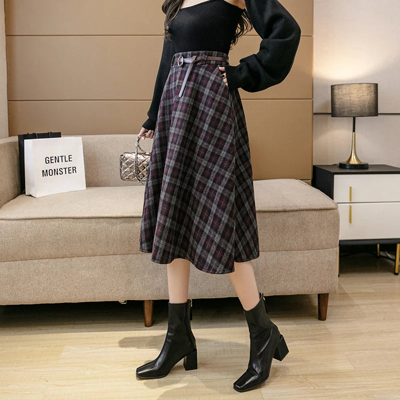 Plaid Skirts Womens Vintage Medium Long Belt Lace Up Pocket High Waist Skirt Loose Winter New All-match Fashion Midi Skirt Lady