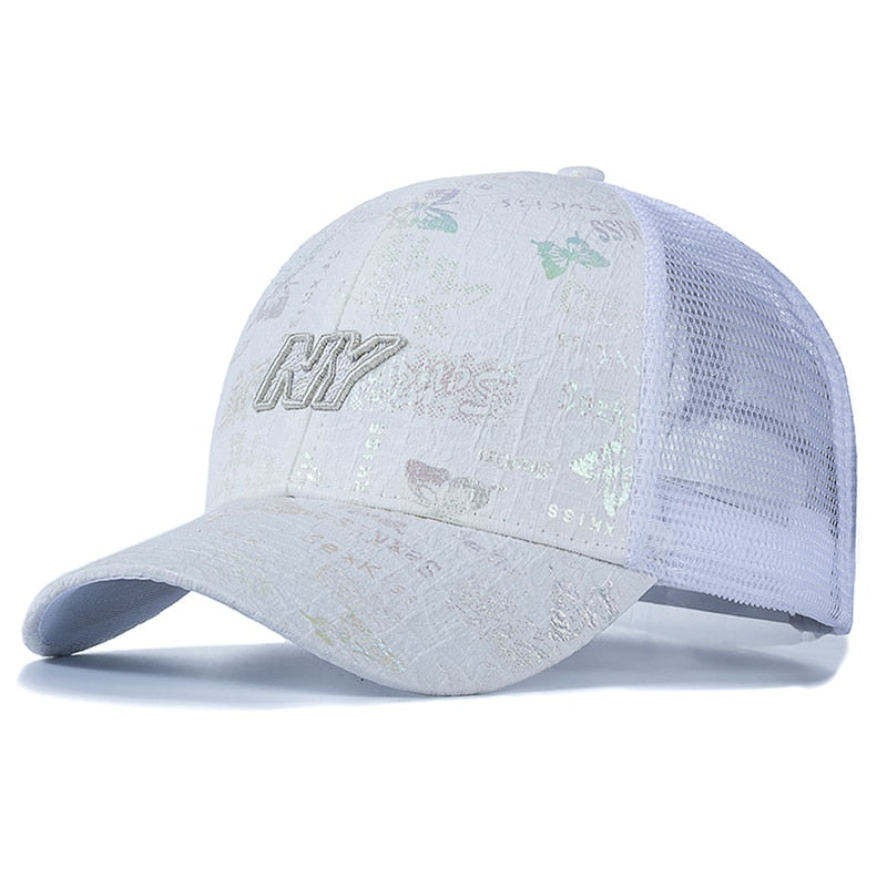 Women Cotton Trucker Hat Fashion NY Embroidered Baseball Cap Shiny Butterfly Style Adjustable Outdoor Streetwear Mesh Cap