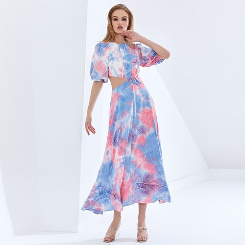 Load image into Gallery viewer, Patchwork Hit Color Asymmetrical Summer Dress For Female Puff Sleeve High Waist Hollow Out Dresses Women
