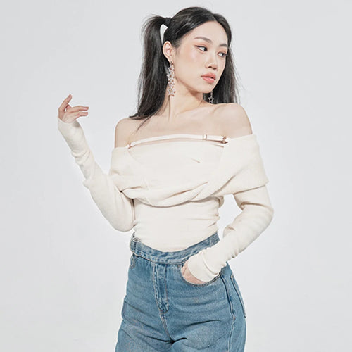 Load image into Gallery viewer, Solid Sexy Sweater For Women Slash Neck Long Sleeve Cut Out Slim Knitting Pullover Female Korean Fashion Clothing Style
