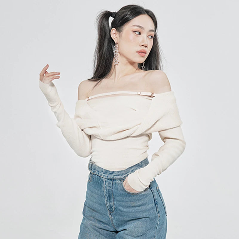 Solid Sexy Sweater For Women Slash Neck Long Sleeve Cut Out Slim Knitting Pullover Female Korean Fashion Clothing Style
