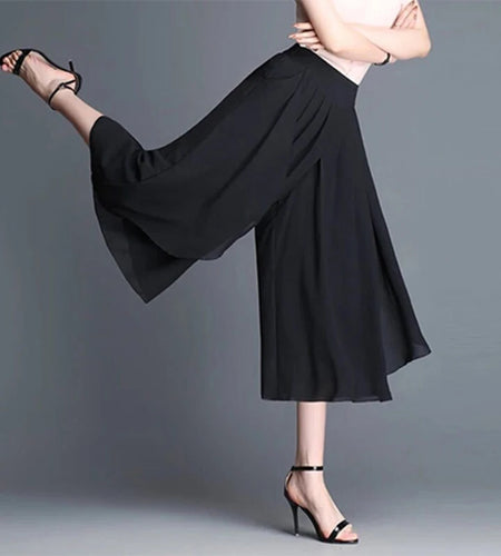 Elastic High Waist Slim Elegant Chiffon Capris female pants Skirts Women Summer Wide Leg Medium Long Leisure Loose Trousers
