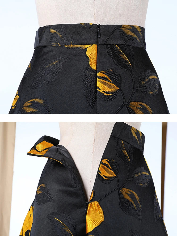 Black Casual Slim Print Colorblock Skirt Female Gathered Waist Temperament Skirts For Women Autumn Style