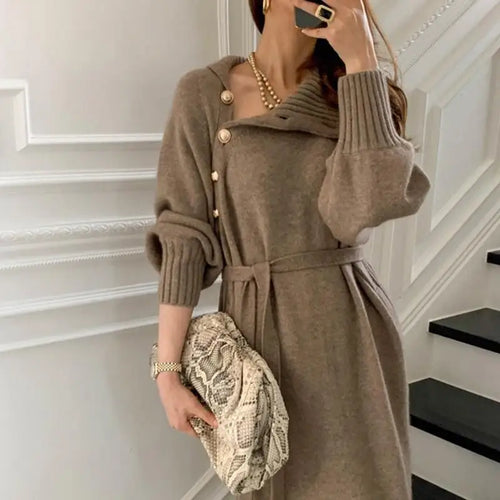 Load image into Gallery viewer, Elegant Sweater Dress Female Fashion Casual Loose Turtleneck Solid Pullover Sash Tie Up Robe Femme Autumn Winter Party Dress
