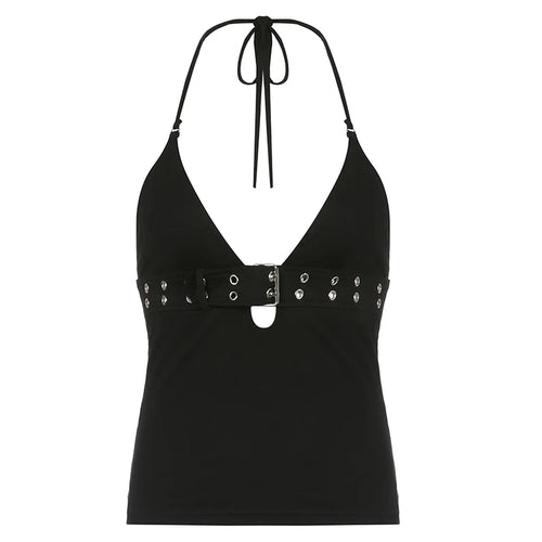 Load image into Gallery viewer, Streetwear Punk Style Halter Neck Black Crop Top Female Gothic Grunge Backless Summer Tops Buckle Eyelet Camisole Hot
