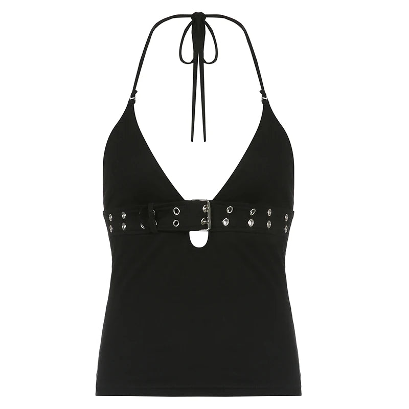 Streetwear Punk Style Halter Neck Black Crop Top Female Gothic Grunge Backless Summer Tops Buckle Eyelet Camisole Hot