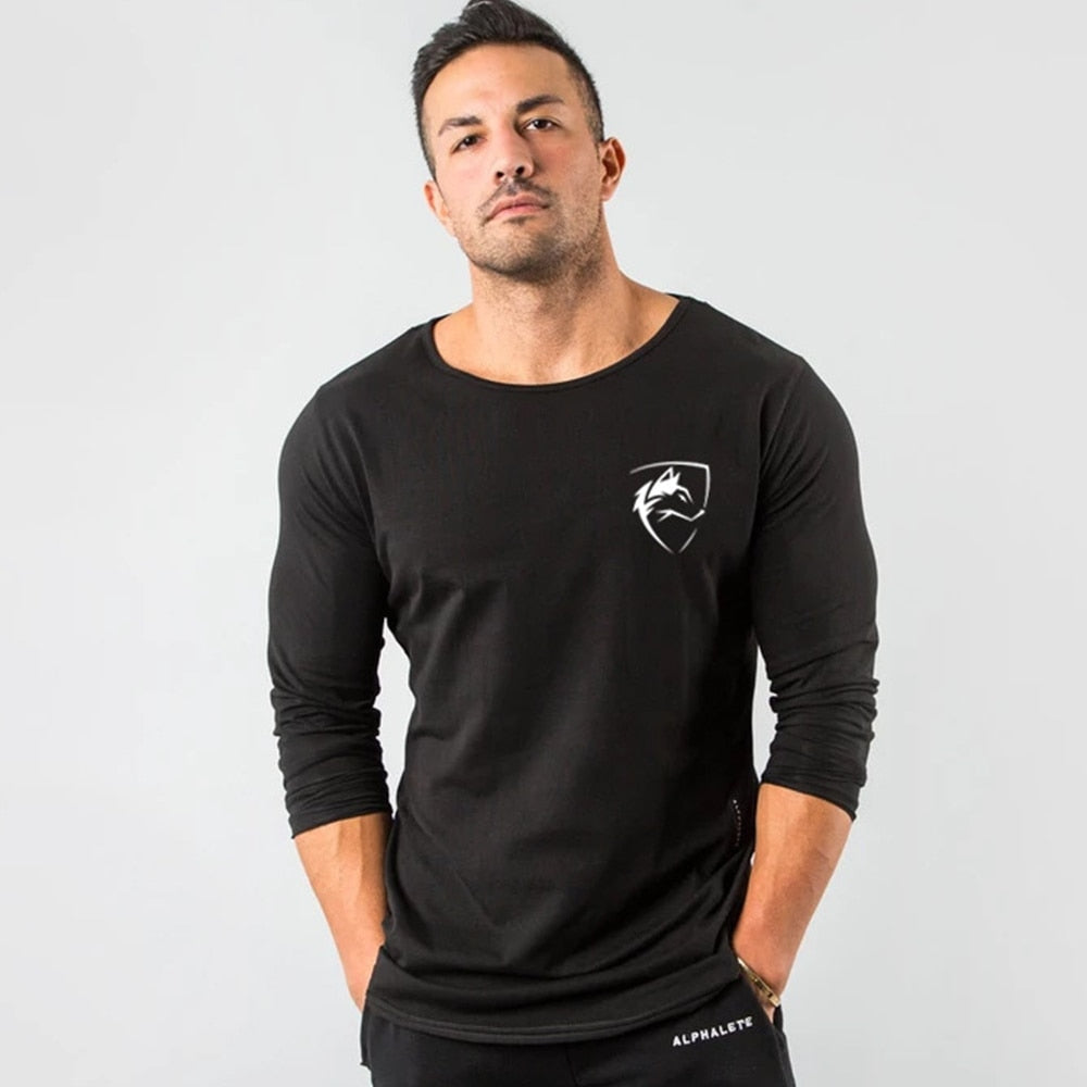 Black Casual Long sleeves T-shirt Autumn Men Gym Fitness Male Running Workout Cotton Print t shirt Slim Tee Tops Brand Clothing