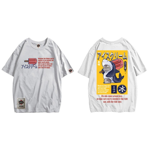 Load image into Gallery viewer, Ice cream summer shark cat print short-sleeved T-shirt Japanese hip-hop designer original Harajuku Punk Short Sleeves T-shirts
