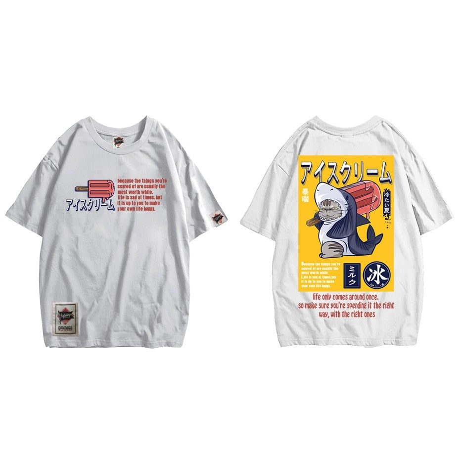 Ice cream summer shark cat print short-sleeved T-shirt Japanese hip-hop designer original Harajuku Punk Short Sleeves T-shirts