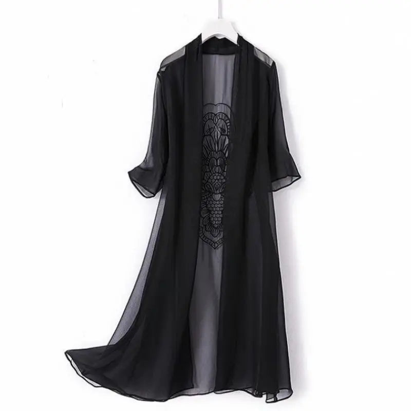 Summer Women Beach Bikini Long Cardigan Chiffon Jackets Embroidery Sunscreen Coat Chaqueta Mujer Elegant Jacket Coat Female