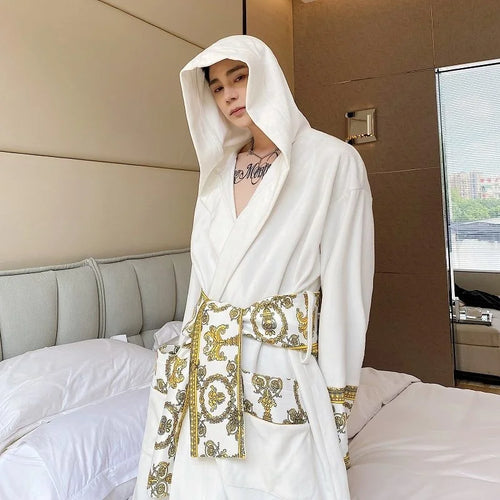 Load image into Gallery viewer, Winter Thickened Comfortable Velvet Light Luxury Hooded Long Nightgown Men&#39;s Fashion Robes Belted Warm Clothes 9Y9924
