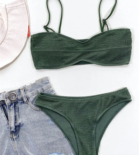 Sexy Solid Bandeau Swimsuit Women Push Up Bikinis Set Mid Waist Bathing Suit Thong Swimwear Summer