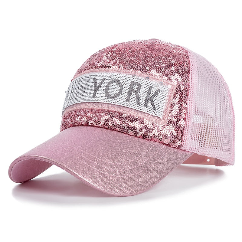 Fashion Women Summer Cap New York Letter Sequins Shiny Baseball Cap Female Streetwear Trucker Hats