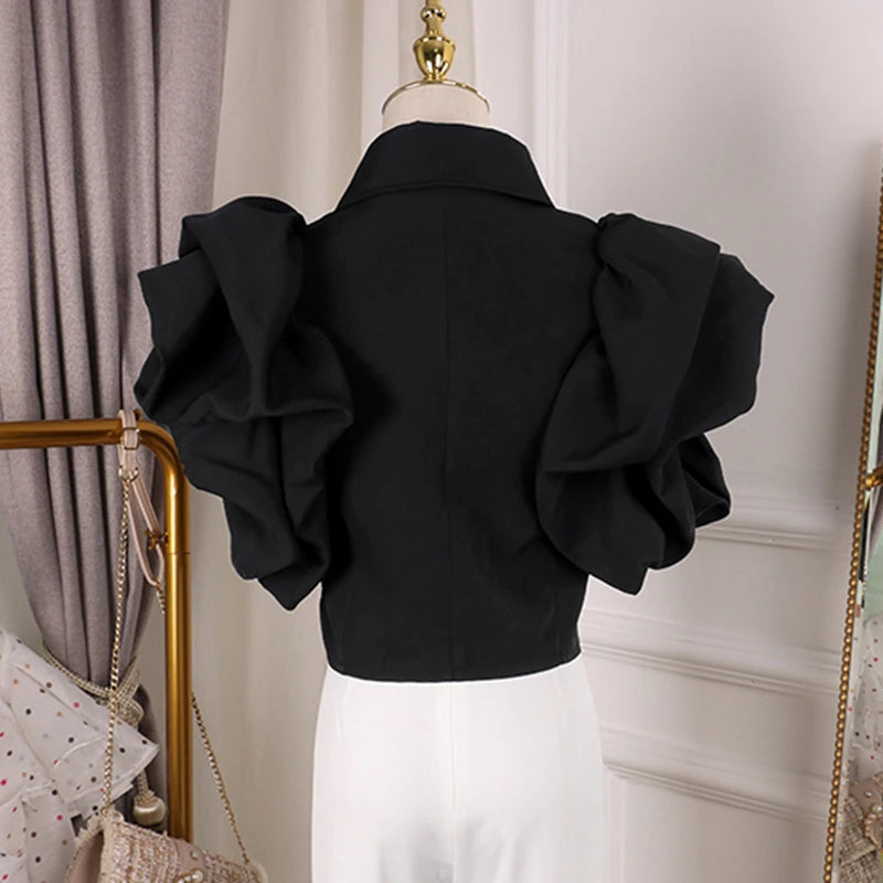 Vintage Ruffles Women Blouse Lapel Collar Butterfly Short Sleeve Loose Shirt Female Fashion Clothes Summer