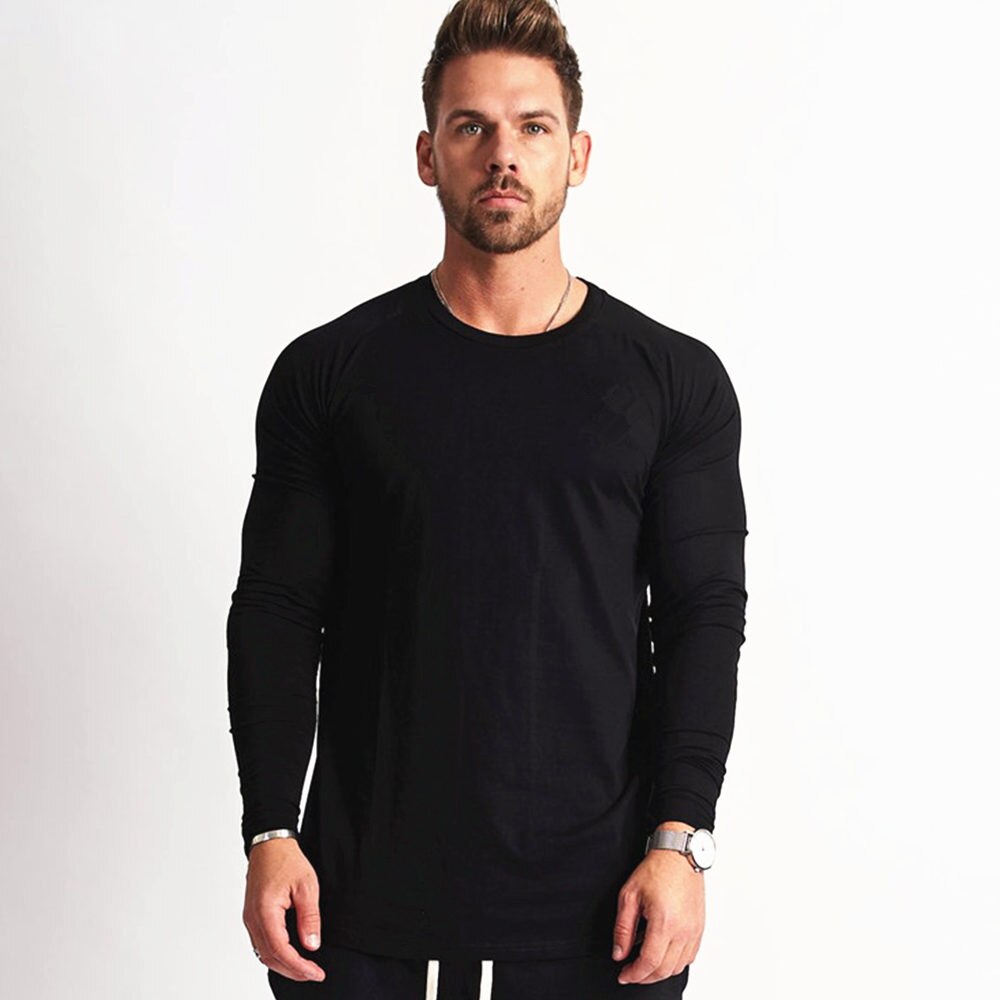 Gym Fitness T-shirt Men Casual Long Sleeve Cotton Shirt Male Bodybuilding Workout Skinny Tee Tops Autumn Running Sport Clothing