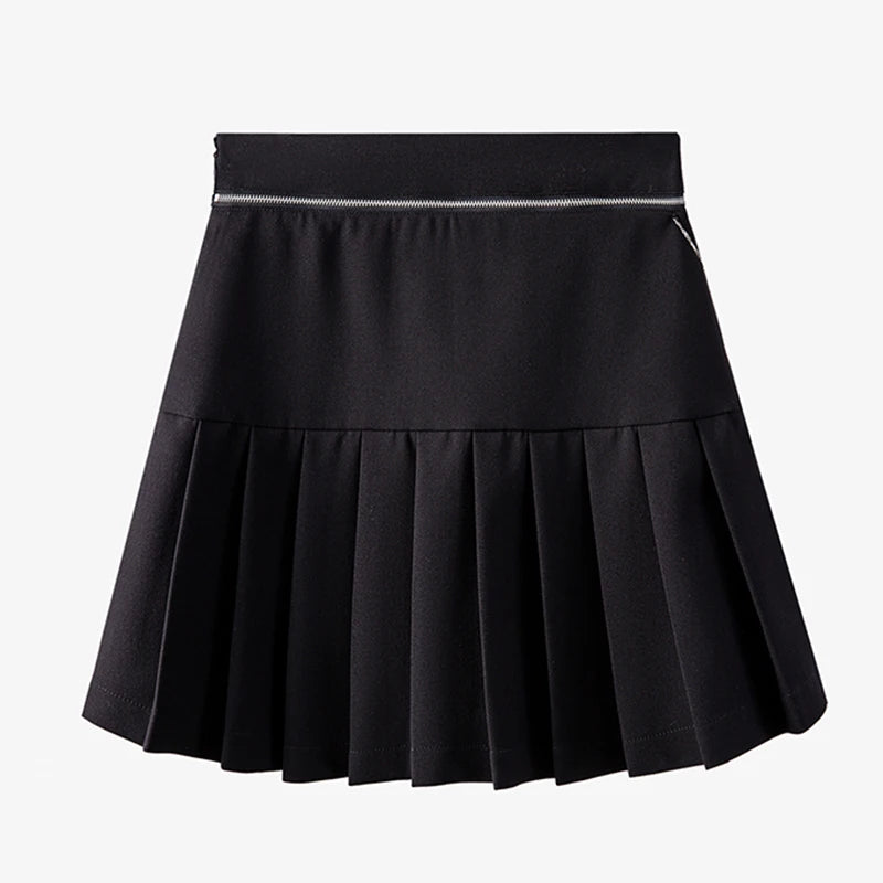 Preppy Style Patchwork Metal Chain Skirt For Women High Waist Black Mini Pleated Skirts Female Summer Fashion