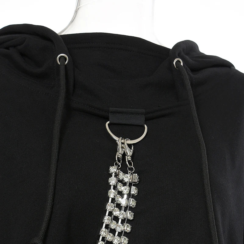 Patchwork Chain Diamond Sweatshirt For Women Hooded Collar Long Sleeve Short Tops Female 2020 Fall Fashion New Tide
