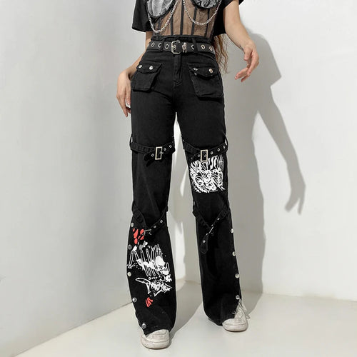 Load image into Gallery viewer, Retro Grunge Gothic Printed Cargo Pants Women Jeans Buckle Dark Academia Punk Style High Waist Jeans Denim Aesthetic
