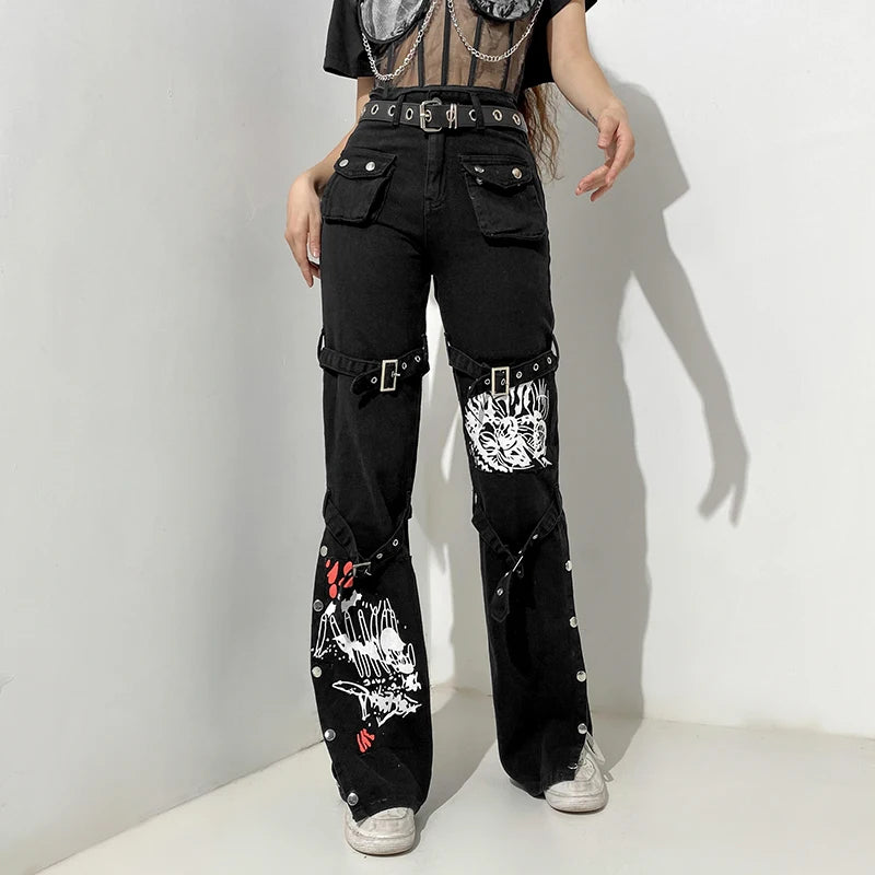 Retro Grunge Gothic Printed Cargo Pants Women Jeans Buckle Dark Academia Punk Style High Waist Jeans Denim Aesthetic
