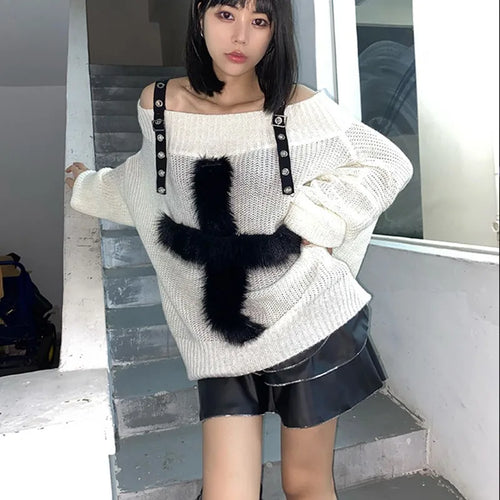 Load image into Gallery viewer, Harajuku Gothic Knitted Sweaters Punk Girls Cross Off Shoulder Loose Sweater Outwear Autumn Winter Streetwear Emo Grunge

