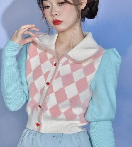 Preppy Style Crop Knit Cardigans Contrast Color Argyle Sweater Women Sweet Y2k Pull Femme Short Casual Coat Harajuku