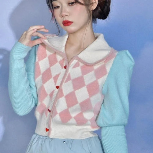 Load image into Gallery viewer, Preppy Style Crop Knit Cardigans Contrast Color Argyle Sweater Women Sweet Y2k Pull Femme Short Casual Coat Harajuku
