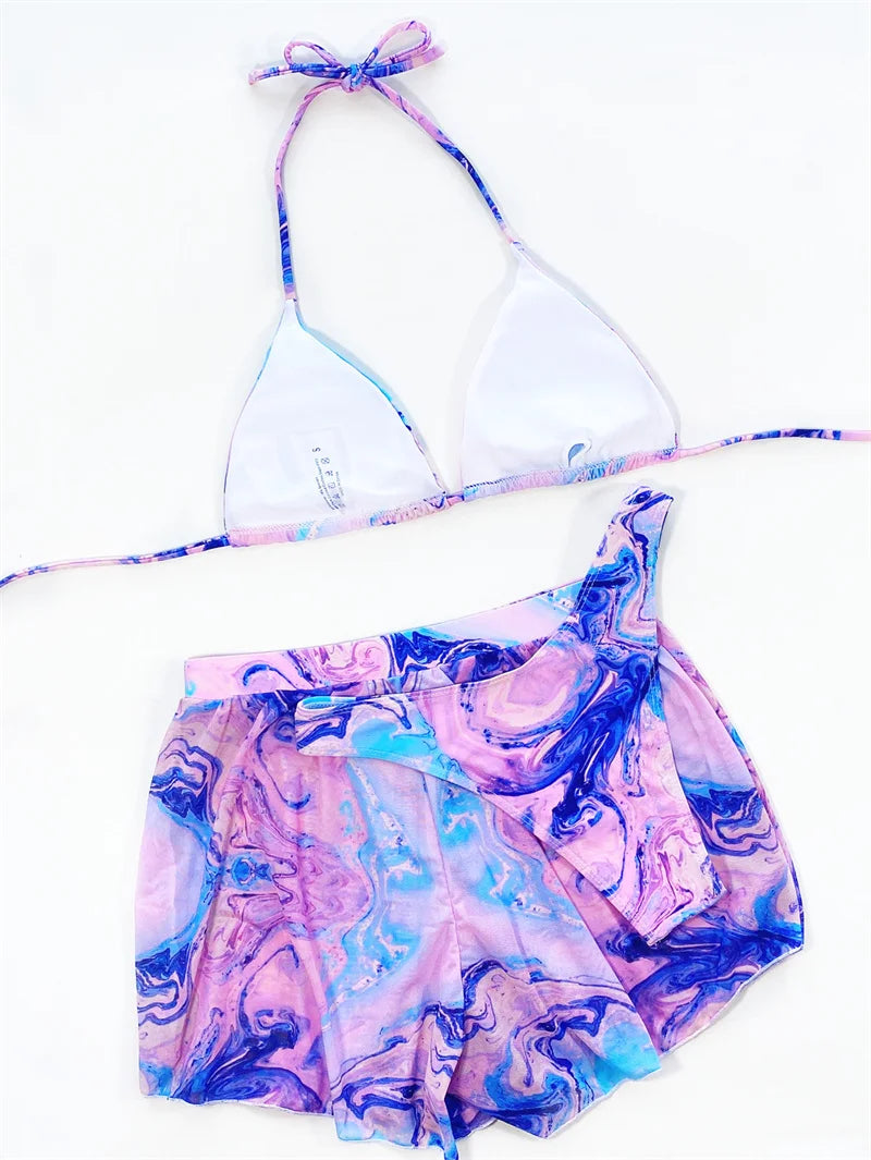 Summer Tie Dye Three Pieces Swimsuit with Shorts Women Halter Bikini Sexy Bandage Bathing Suit Women Swimwear