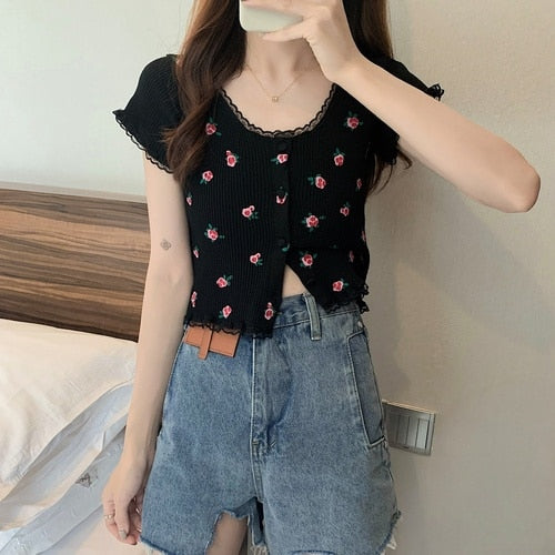 Load image into Gallery viewer, Knitted Cardigan Crop Top Women Summer Floral Lace Patchwork Shirt Single Breasted Cute T Shirts Short Sleeve Tees
