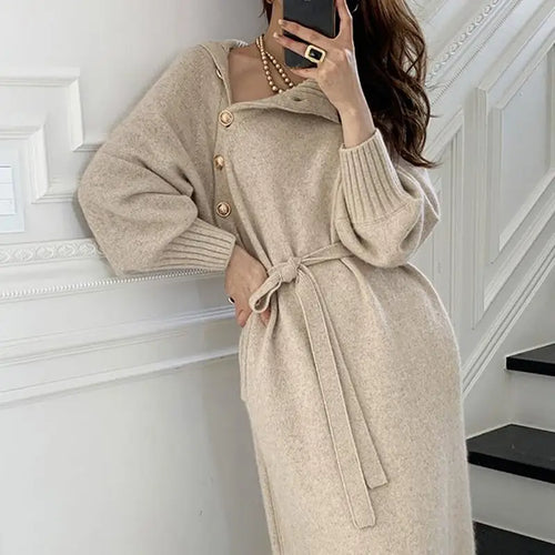 Load image into Gallery viewer, Elegant Sweater Dress Female Fashion Casual Loose Turtleneck Solid Pullover Sash Tie Up Robe Femme Autumn Winter Party Dress
