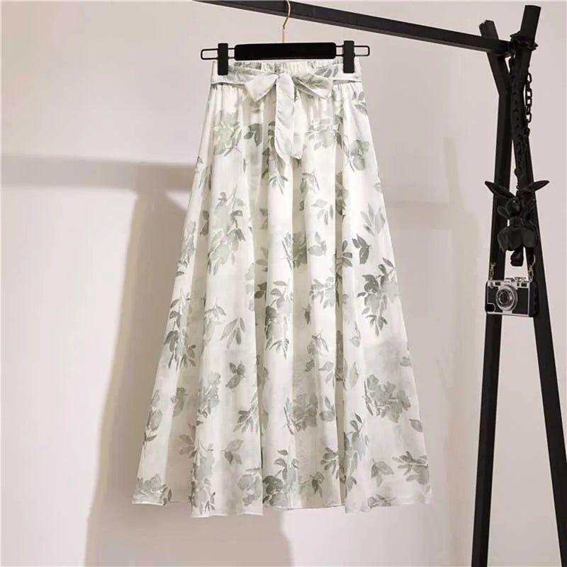 Long Skirt Women For 2024 Spring Summer Lady Korean Style White Black Chiffon Sun School High Waist Midi Skirt Female