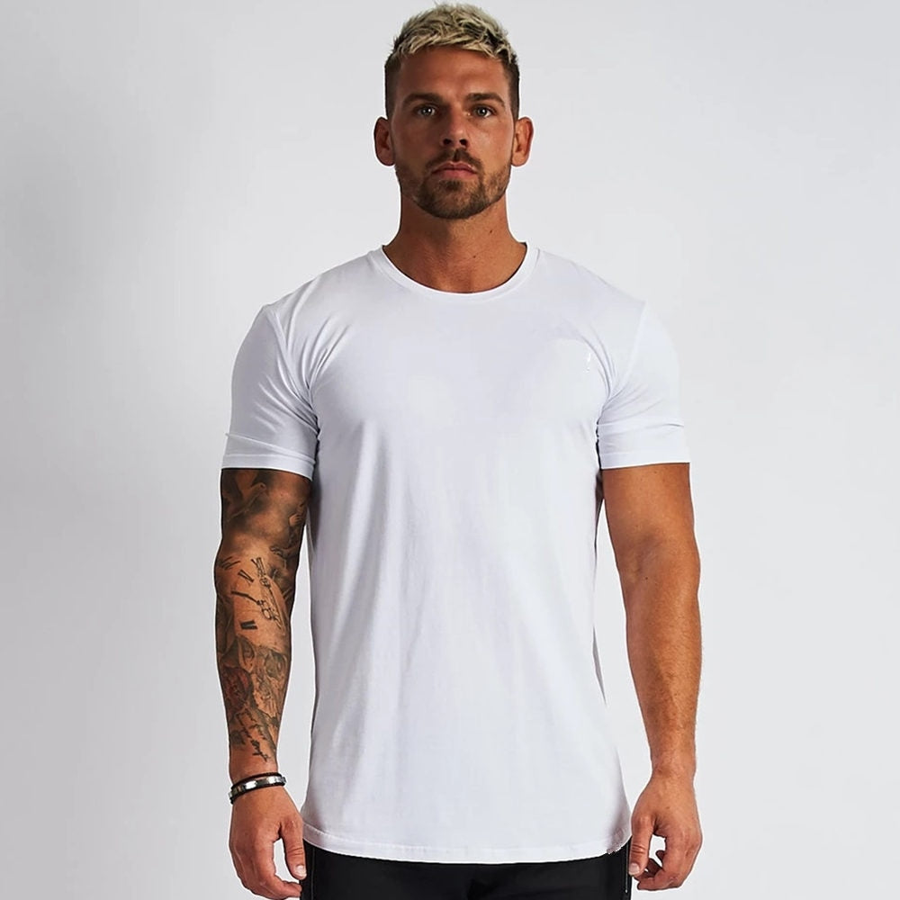 Gym Fitness Shirt Men Bodybuilding Workout Slim T-shirt Male Cotton Sport Training Tee Tops Summer Casual Short Sleeve Clothing