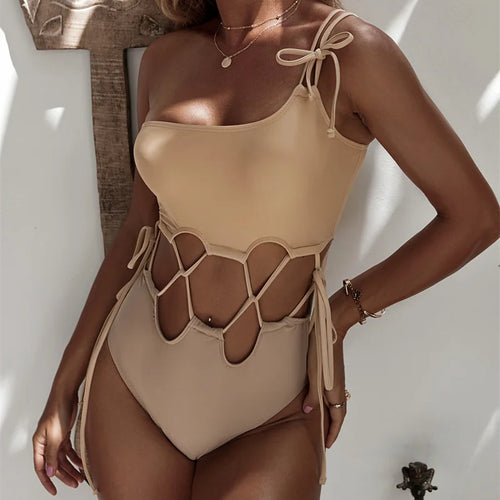 Load image into Gallery viewer, Sexy Hollow Out Bikini Women Bandeau One Piece Swimsuit 2023 New One Shoulder Swimwear Women High Waist Bathing Suit
