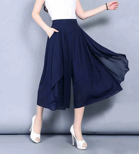 Elastic High Waist Slim Elegant Chiffon Capris female pants Skirts Women Summer Wide Leg Medium Long Leisure Loose Trousers
