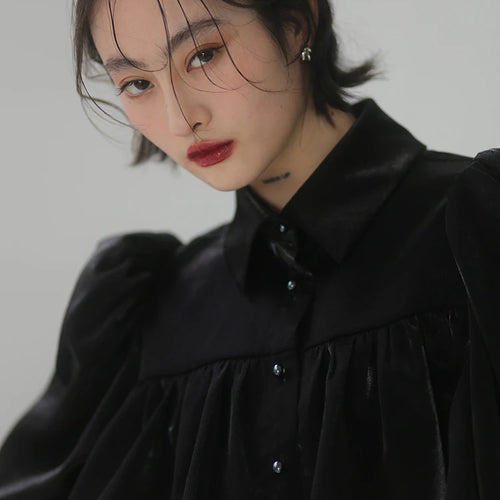 Load image into Gallery viewer, Ruffle Trim Solid Shirt For Women Lapel Puff Sleeve Fold Pleated Button Through Blouse Female Korean Fashion Spring
