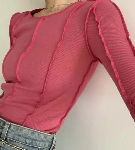 Korean Style Long Sleeve Top Bodycon Tshirt Women Blue Slim T Shirt Spring 2021 Designer Clothes Solid E Girl Tee Shirt