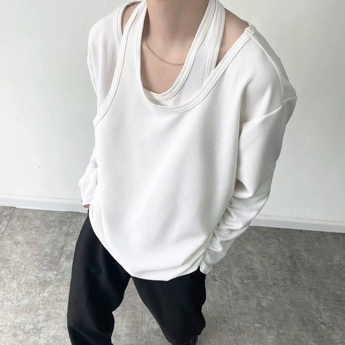 Load image into Gallery viewer, Autumn Personalized Fake Two-piece Double-layer Knitted Niche Men&#39;s Long Sleeve T-shirt Korean Loose Pullover Tops 9Y9194
