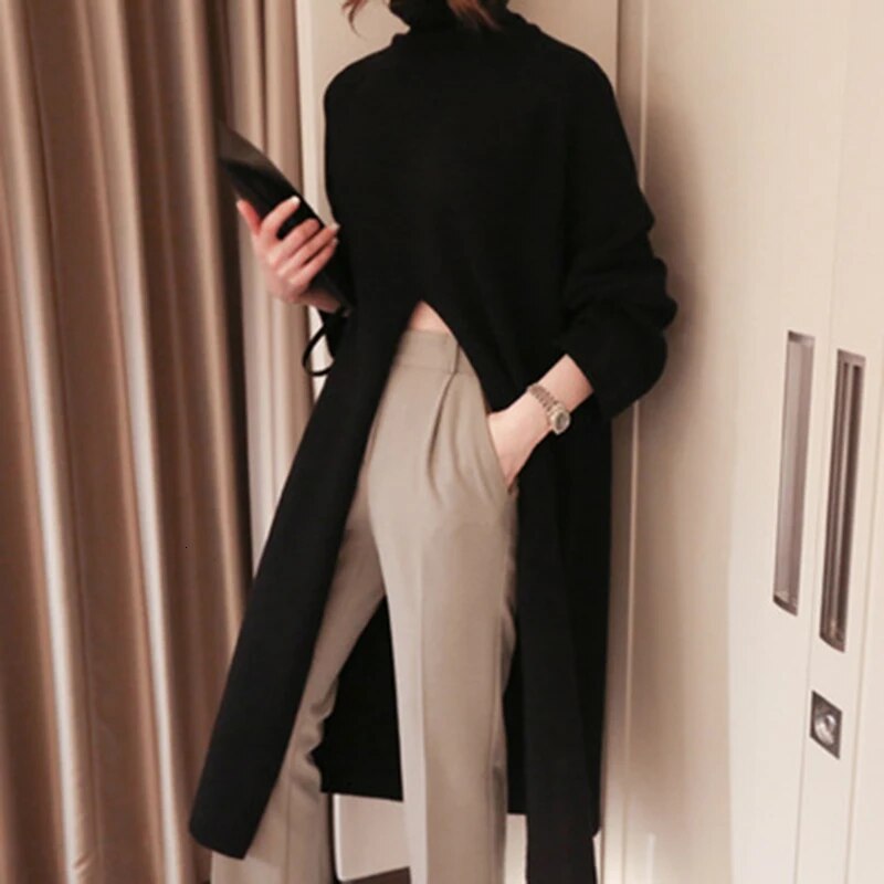 Split Black Sweater Women Long Sleeve Turtleneck Knitted Pullover Tops Female Clothes Korean Winter