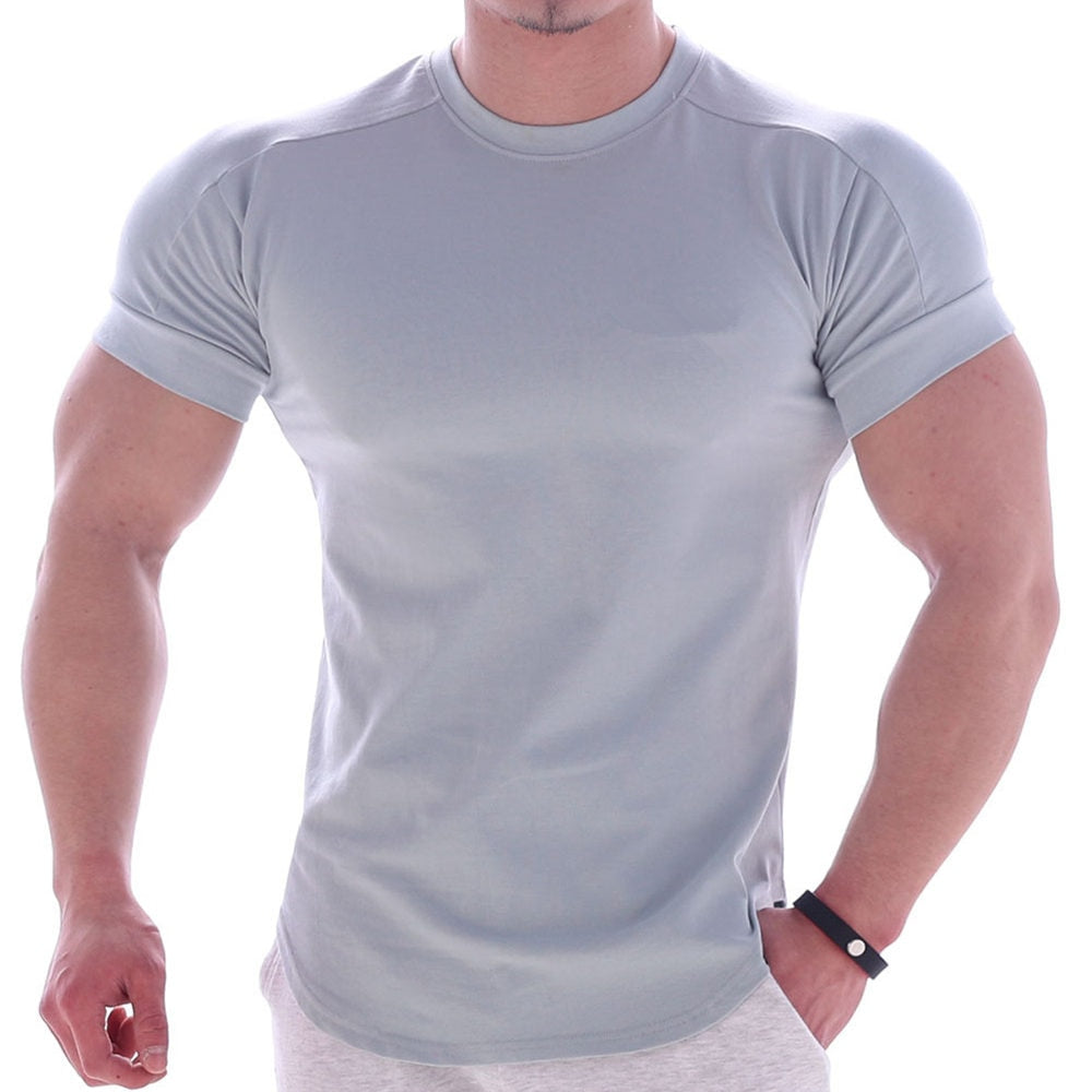 Black Gym T-shirt Men Fitness Sport Cotton Shirt Male Bodybuilding Workout Skinny Tee Training Tops Summer Casual Solid Clothing