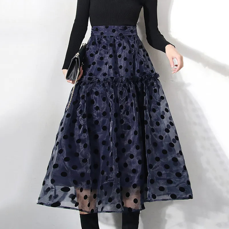 Sweet Dot Sheer Mesh Women's Clothing High Waist Patchwork Colorblock A Line Long Skirts Female Spring Stylish