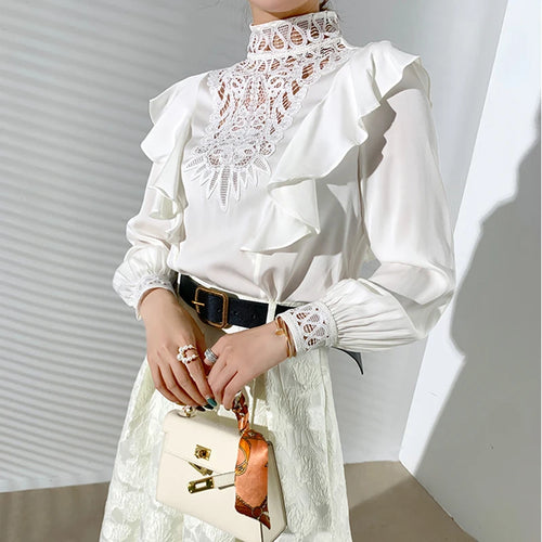 Load image into Gallery viewer, White Hollow Out Embroidery Shirt For Women Turtleneck Long Sleeve Patchwork Ruffle Blouse Female Fashion
