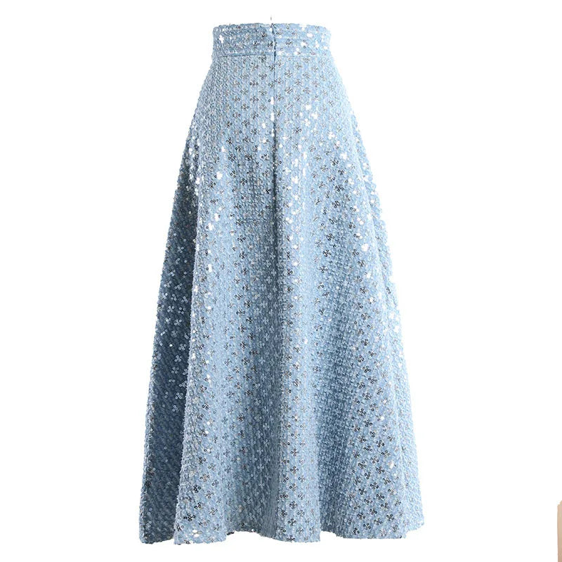 Denim Patchwork Sequin Skirt For Women High Waist Casual A Line Skirts Female Fashion Clothing Spring