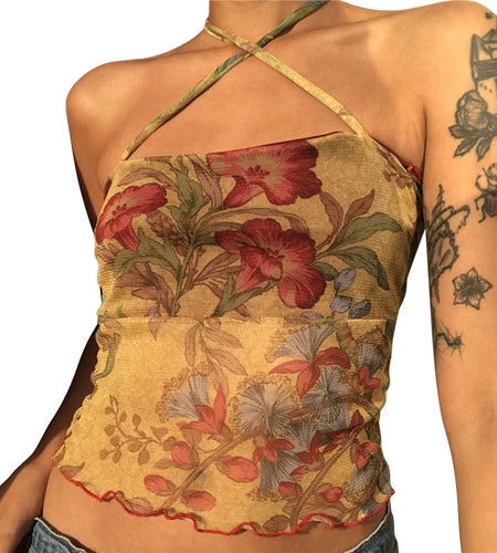 Y2K Mesh Sheer Floral T-shirt E-girl 90s Vintage Halter Tops Women Sleeveless Slim Fit Crop Top Harajuku Streetwear
